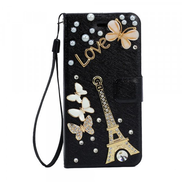 Wholesale Galaxy S6 Crystal Flip Leather Wallet Case with Strap (Eiffel Tower Black)